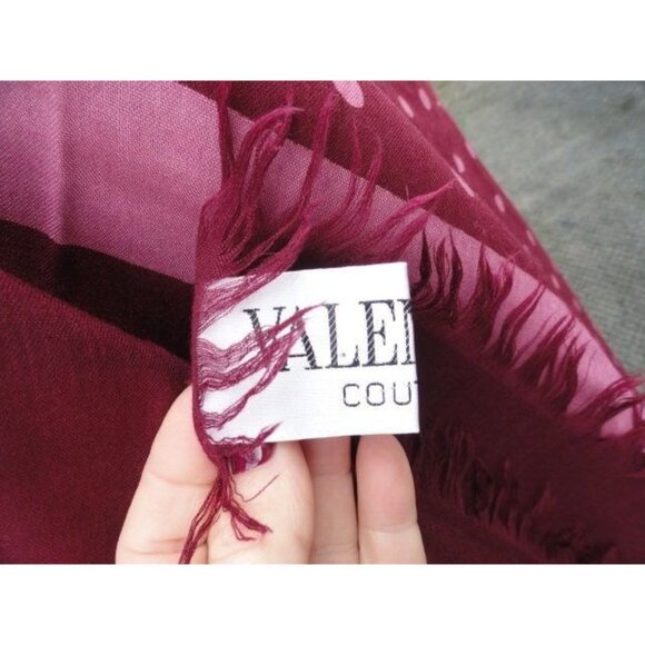 1970’s VALENTINO COUTURE Scarf Wrap Cashmere Silk Maroon Pink Polka Dots Italy - Picture 2 of 6
